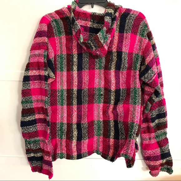 - PLAID Vintage 80s 90s Mexican Surfer Baja Pullover Hoodie / woven poncho - Picture 2 of 6